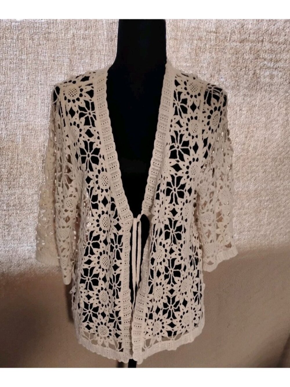 Rabbit Rabbit Rabbit Crochet Cardigan Boho Floral Design Lightweight XL Cream